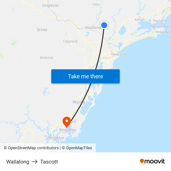 Wallalong to Tascott map