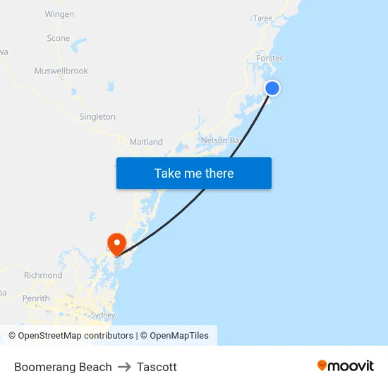 Boomerang Beach to Tascott map