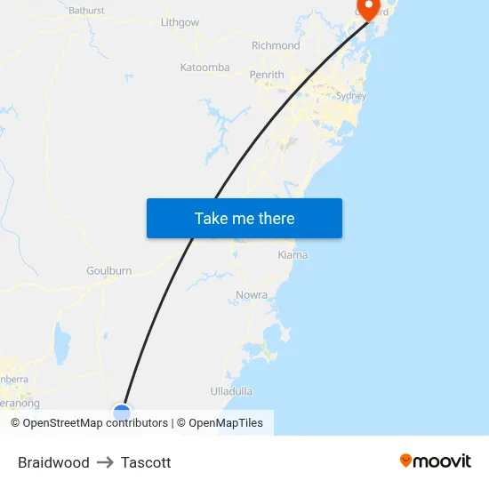 Braidwood to Tascott map