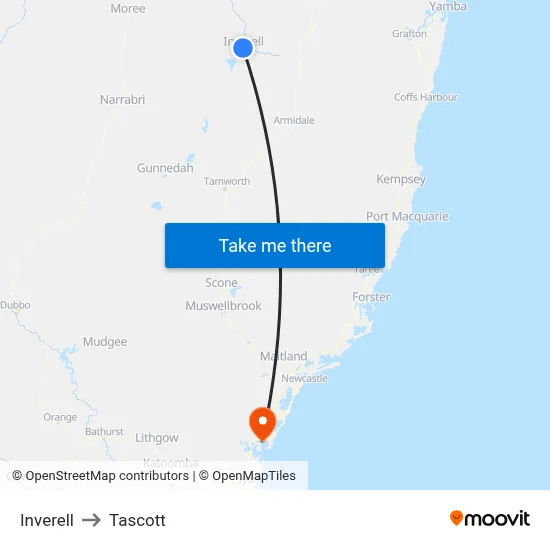 Inverell to Tascott map