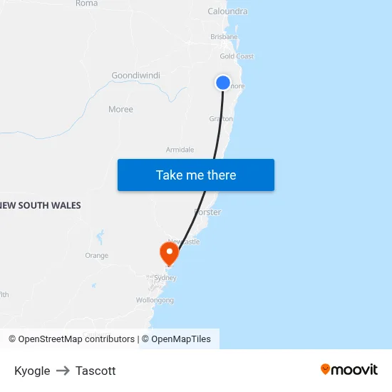 Kyogle to Tascott map