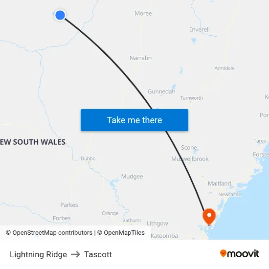 Lightning Ridge to Tascott map
