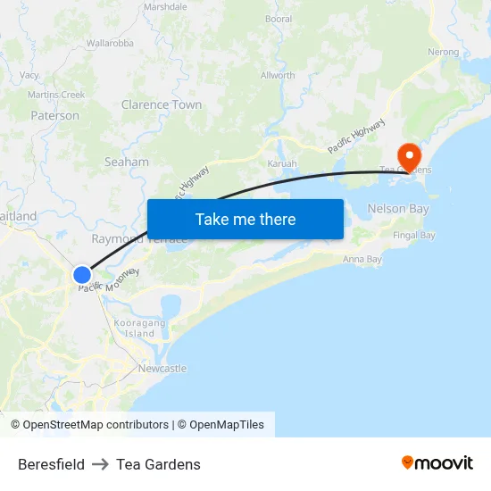 Beresfield to Tea Gardens map