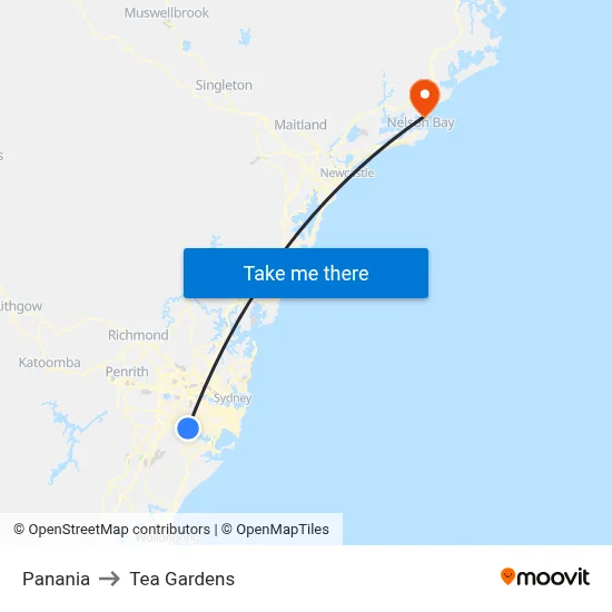 Panania to Tea Gardens map