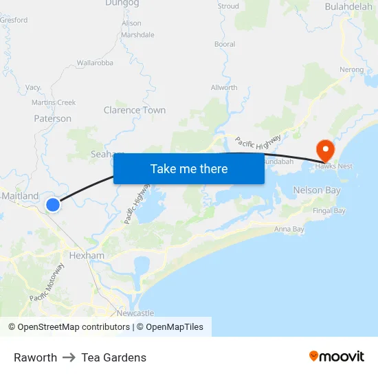 Raworth to Tea Gardens map