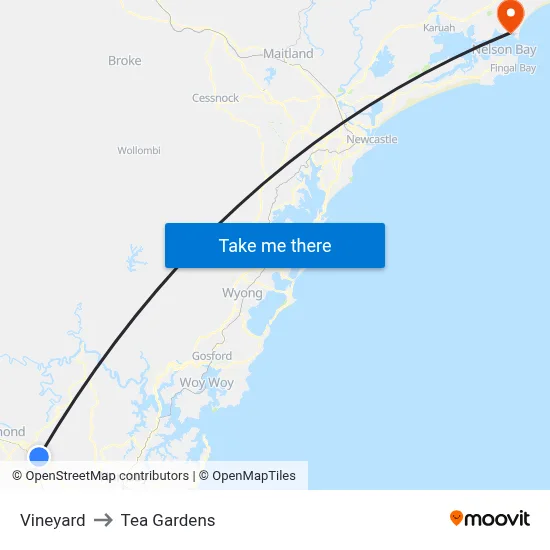 Vineyard to Tea Gardens map