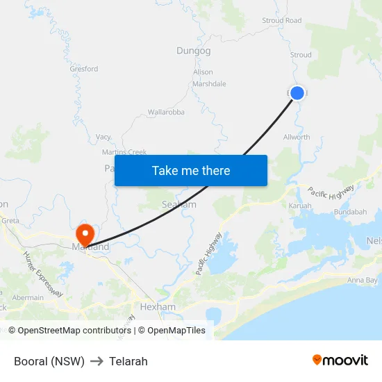Booral (NSW) to Telarah map