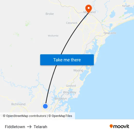 Fiddletown to Telarah map