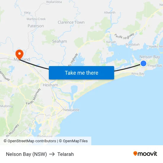 Nelson Bay (NSW) to Telarah map