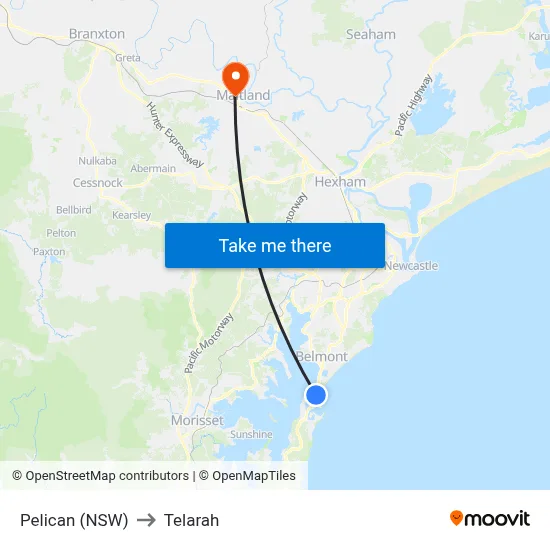 Pelican (NSW) to Telarah map