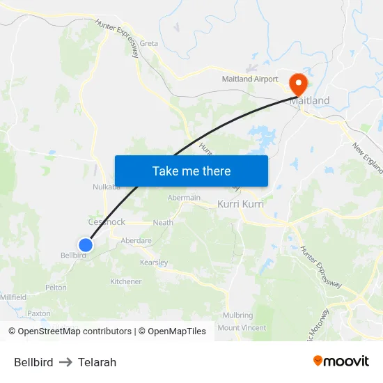 Bellbird to Telarah map