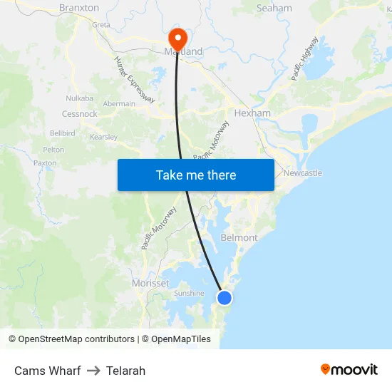Cams Wharf to Telarah map