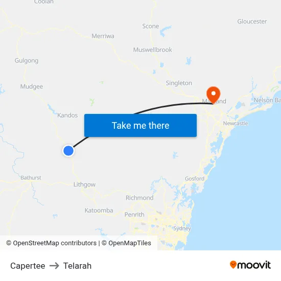 Capertee to Telarah map