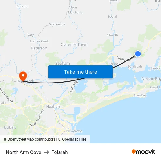 North Arm Cove to Telarah map