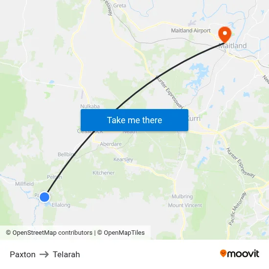 Paxton to Telarah map