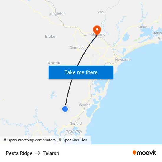 Peats Ridge to Telarah map