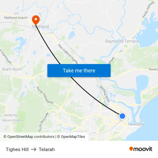 Tighes Hill to Telarah map