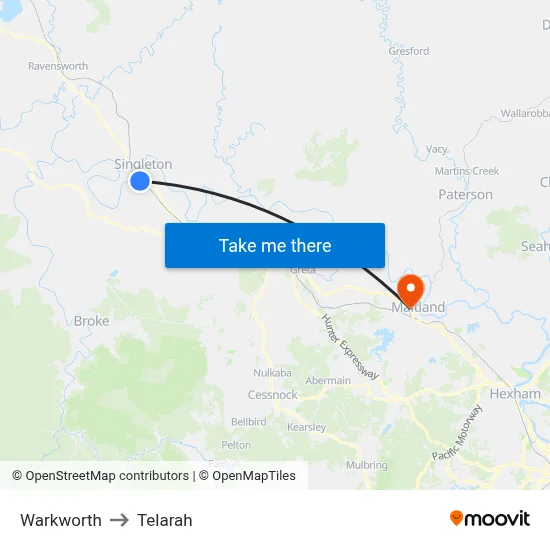 Warkworth to Telarah map
