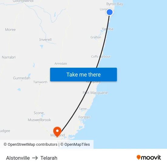 Alstonville to Telarah map
