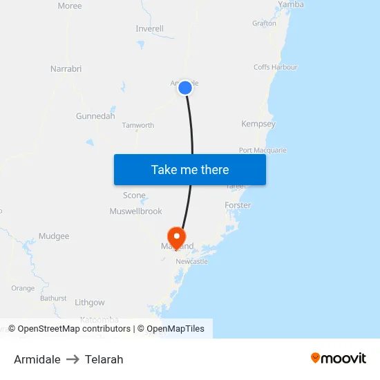 Armidale to Telarah map