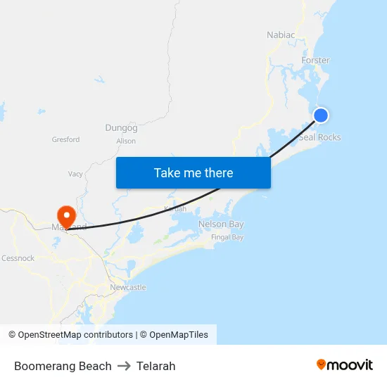 Boomerang Beach to Telarah map