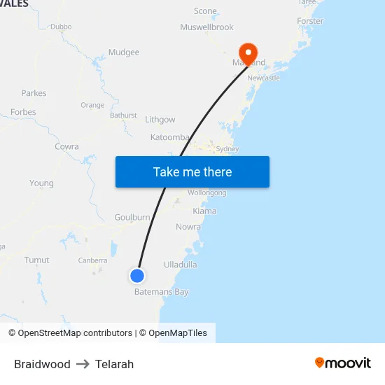 Braidwood to Telarah map