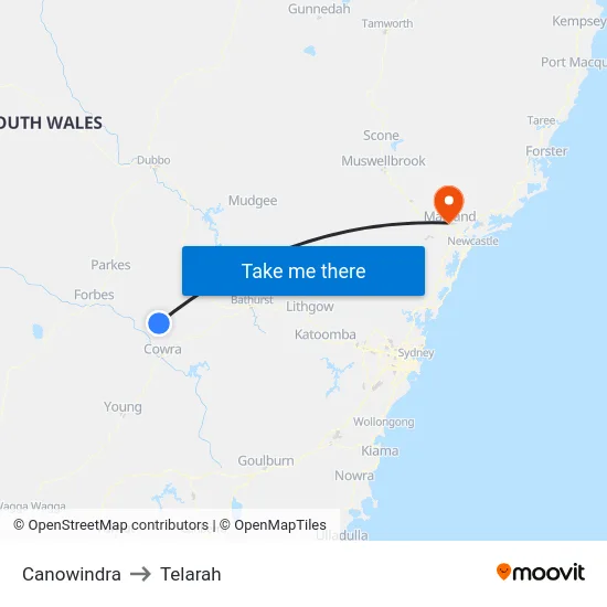 Canowindra to Telarah map