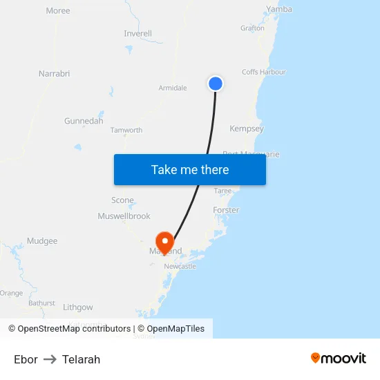 Ebor to Telarah map