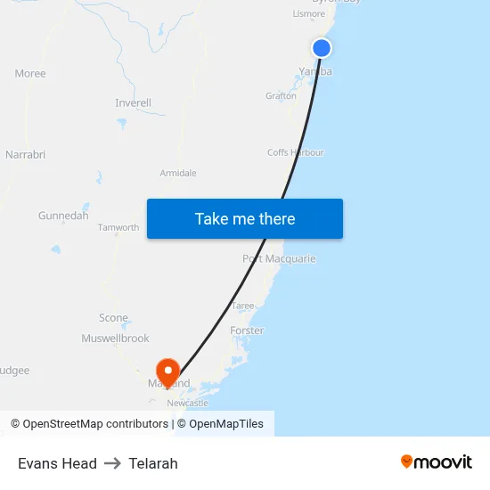 Evans Head to Telarah map