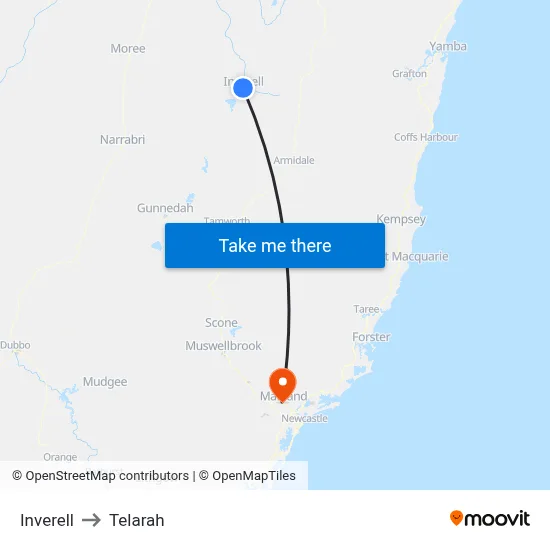 Inverell to Telarah map