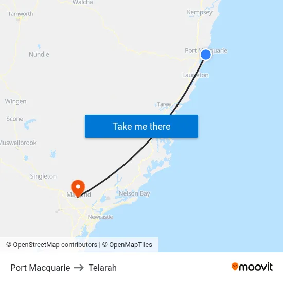 Port Macquarie to Telarah map
