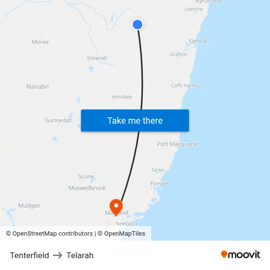 Tenterfield to Telarah map