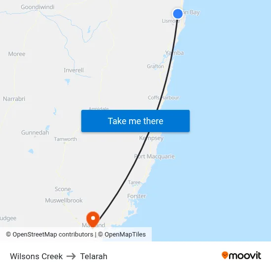 Wilsons Creek to Telarah map