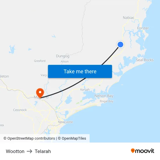 Wootton to Telarah map