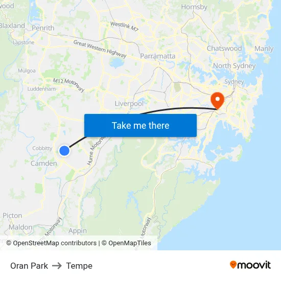 Oran Park to Tempe map