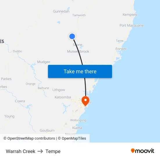 Warrah Creek to Tempe map