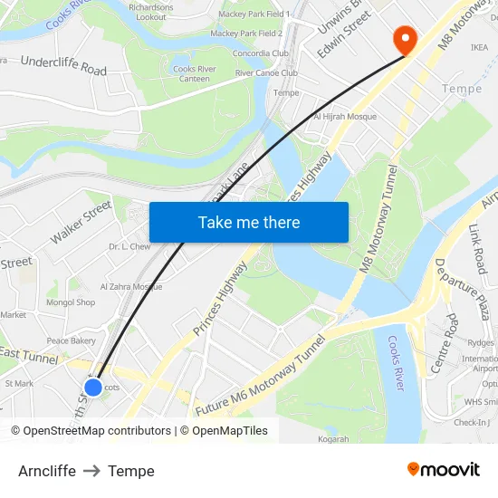 Arncliffe to Tempe map