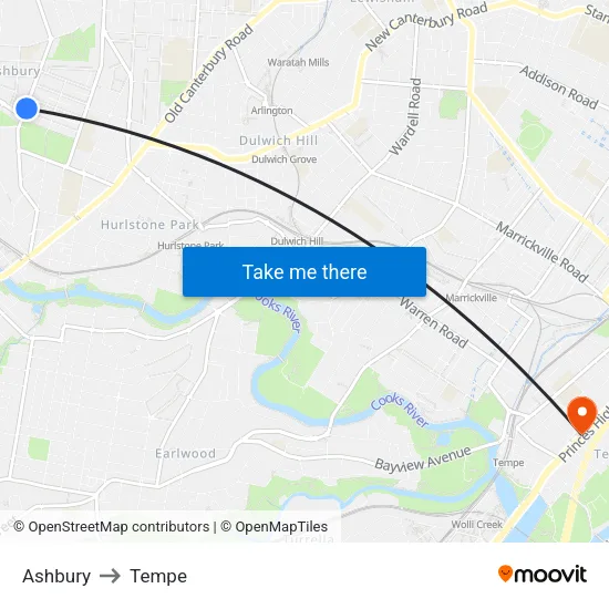 Ashbury to Tempe map