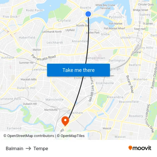 Balmain to Tempe map
