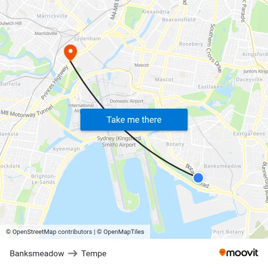 Banksmeadow to Tempe map