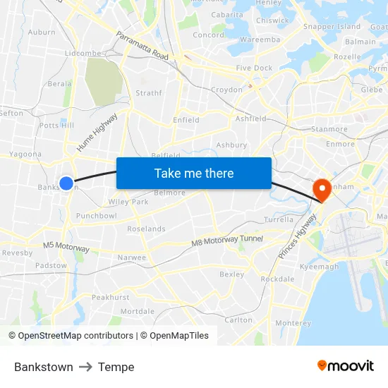 Bankstown to Tempe map