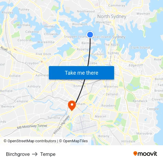 Birchgrove to Tempe map