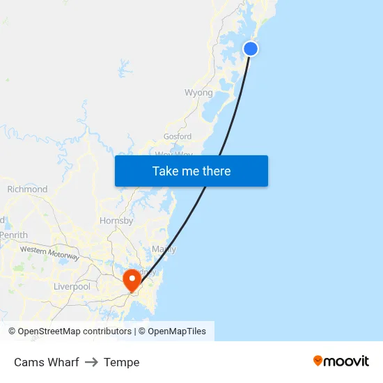 Cams Wharf to Tempe map