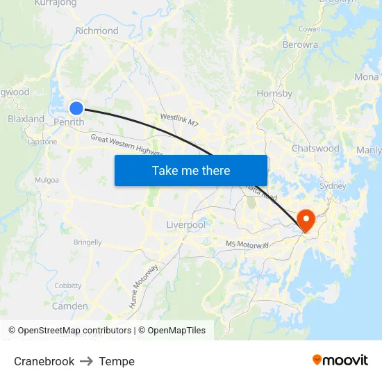 Cranebrook to Tempe map