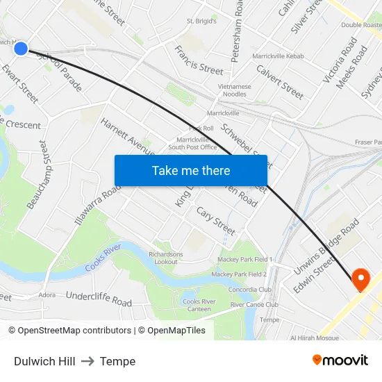 Dulwich Hill to Tempe map