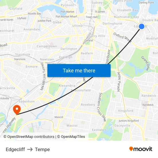 Edgecliff to Tempe map