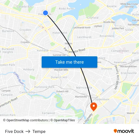Five Dock to Tempe map