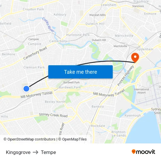 Kingsgrove to Tempe map