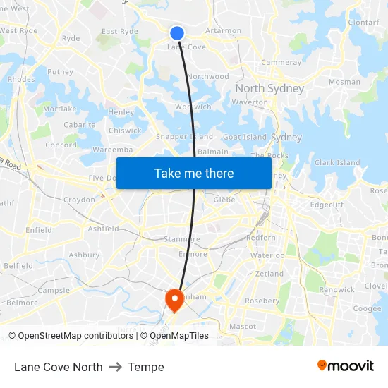 Lane Cove North to Tempe map