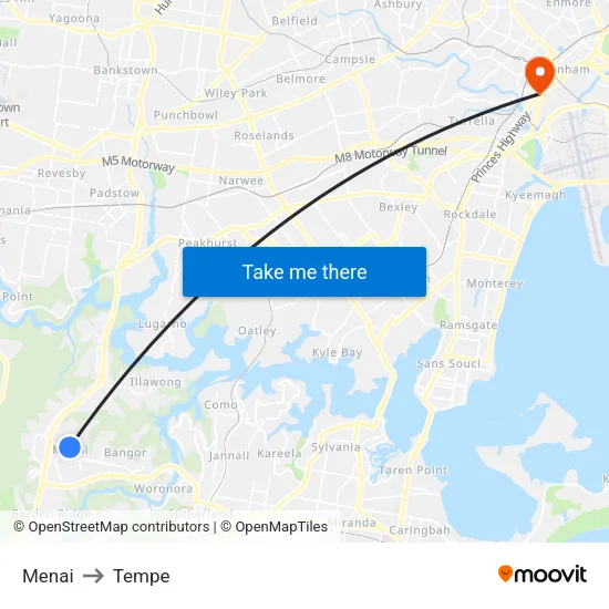 Menai to Tempe map
